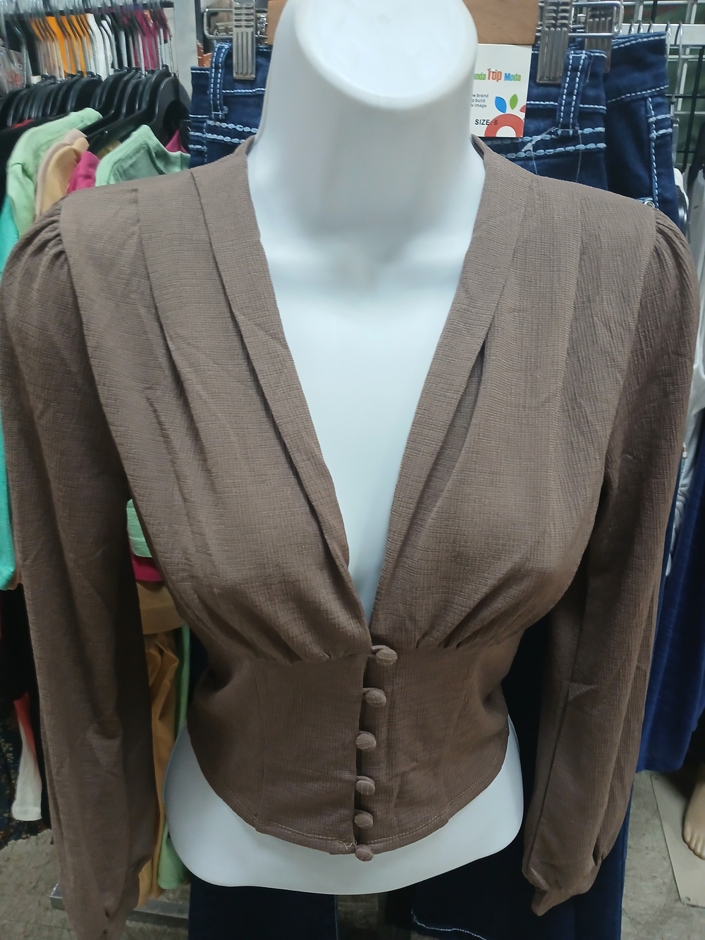 Brown Button-Front V-Neck Puff Sleeve Top - Picture 2 of 2